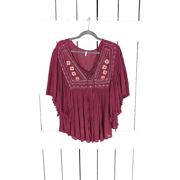 Embroidered floral gauzy bib bell sleeve caftan top - Picture 1 of 6